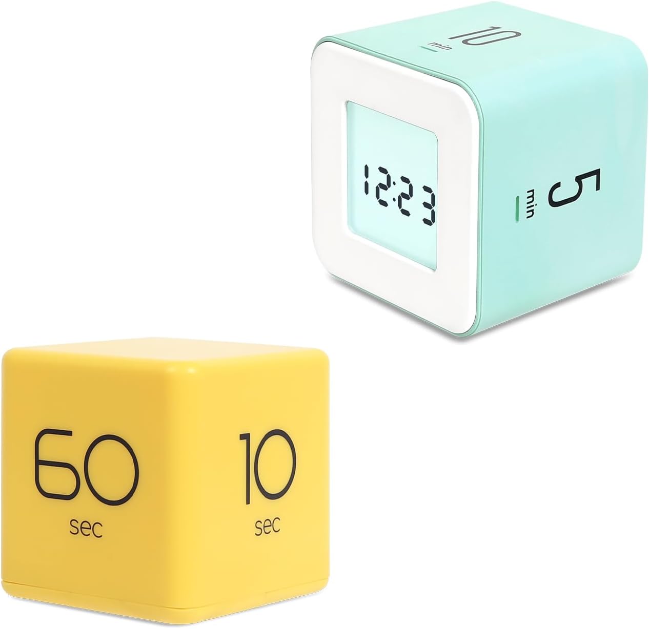 Mooas Multi Cube Timer (Mint) & Cube Timer (Yellow) – Clock Timer Rotating Flip Timer, Gravity Sensor, Time Management Productivity Cube Timer for Desk ADHD, Kids, Study, Kitchen, Classroom Workouts