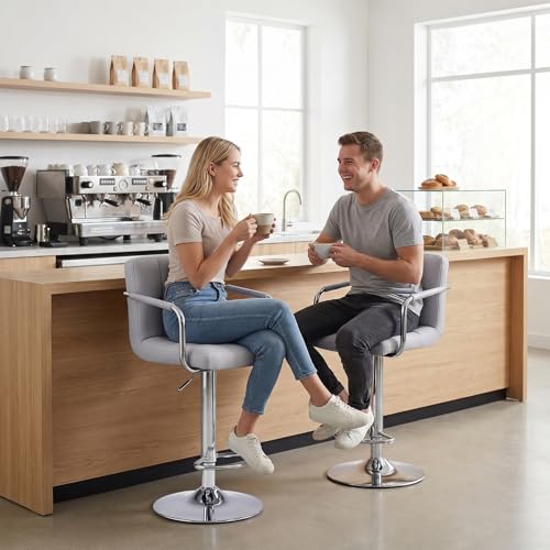 HAPPYMONT Bar Stools Set of 2, 24-26'' Adjustable Swivel Bar Chairs, Grey by HAPPYMONT - Used condition - Image 7