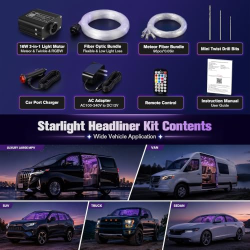 Image of CHINLY 2-in-1 Meteor Twinkle 400pcs Starlight Headliner Kit 9.8ft 0.03in Starlights RGBW Fiber Optic Lights+96pcs Shooting Stars, APP+Remote Control Star Headliner Kit, Car Star Lights for Car Roof