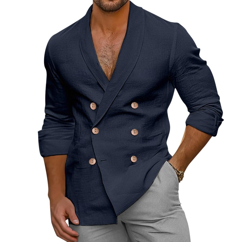 Giacche Leggero da Uomo Blazer Casual Giacche in Cotone Slim Fit Casual Giacca Leggera a Bottoni Primavera Autunno Cappotto Elegante Scollo a V Tinta Unita Doppiopetto Blazer