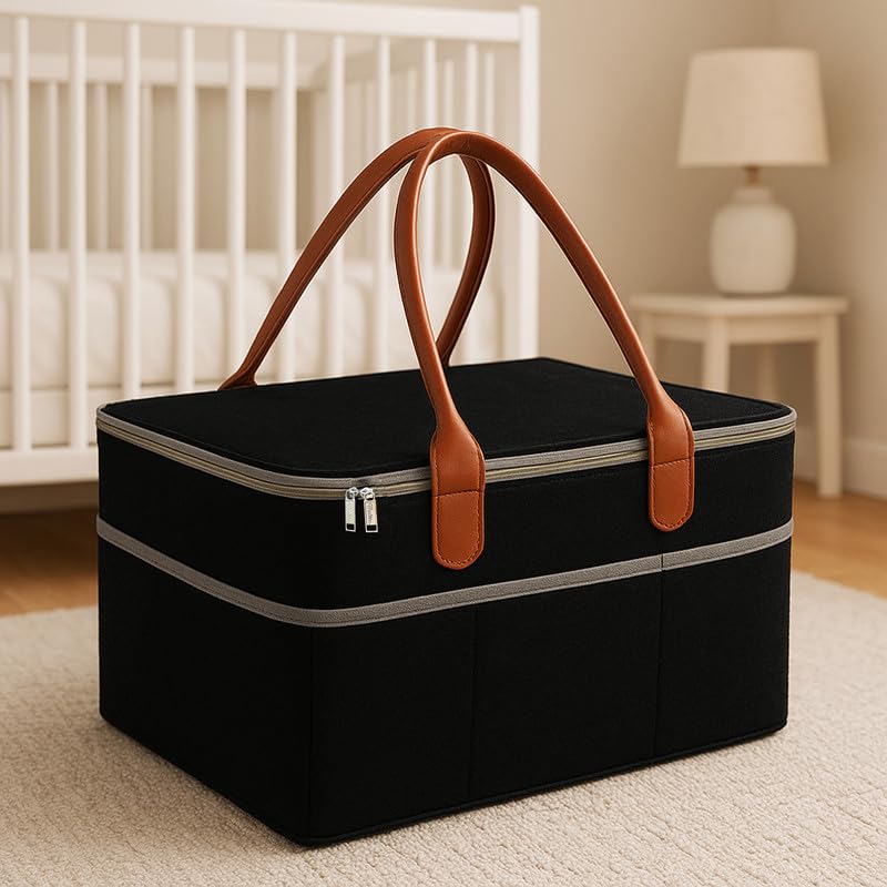 MetDeals Non Woven Felt Baby Diaper Caddy Bag with Zip Cover & Leather Handle with Removable Divider | Baby Essentials Organizer for Diapers,Wipes,Toy,Clothes(Black - 18X12X9 Inch)