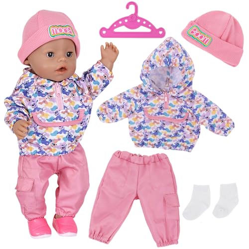 Baby Puppen Puppenkleidung 35-43 cm, Set aus Hoodie & Hose für Neugeborene Baby Puppen Süßer Hund Kapuzen Jacke mit Taschen Rosa Freizeithose Strickmütze Socken Aufhänger (Ohne Schuh)
