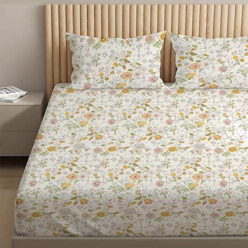Image of Livspace Cotton Queen Size Bedsheet for Double Bed | 100 inch x 88 inch | 144 TC Flat Cotton Bedsheet with 2 Pillow Covers, Soft & Breathable - Bello Pure Nest Collection (Yellow)