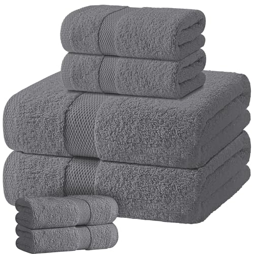 Image of Gray Bath Towel Set of 6-100% Cotton Highly Absorbent Towels for Bathroom, 2 Luxury Bath Towels 650GSM, 2 Hand Towels, 2 Washcloths