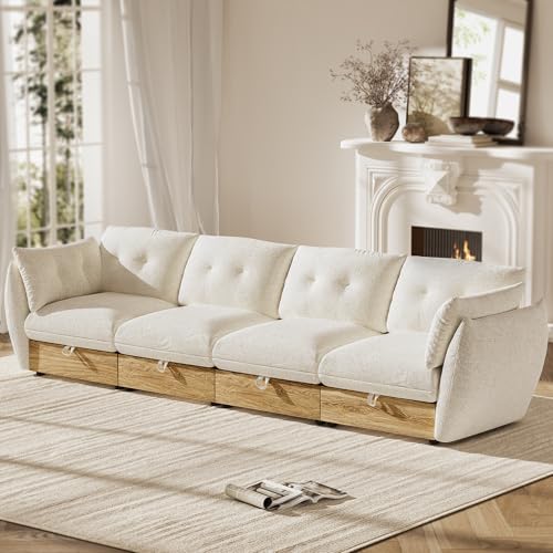 Image of 134 inch 4-Seater Cloud Couch Sectional Modular Sofa with Storage, Cotton and Linen Fabrics Modern Oversized Deep Seat Sofa with Armrest Pillow, Easy Assembly for Living Room, Apartment, Beige