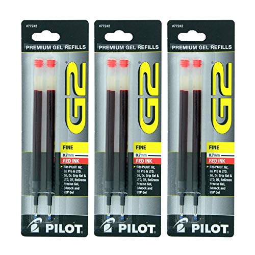 Pilot G2, Dr. Grip Gel/Ltd, ExecuGel G6, Q7 Rollerball Gel Ink Pen Refills Red 7 mm 6 Pack