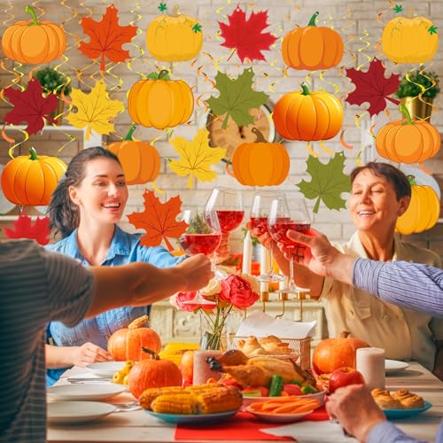 Image of 72 Pcs Fall Hanging Decoration Swirls Gold Pumpkin Maple Leaf Fall Party Decoration Orange Thanksgiving Autumn Ceiling Office Hanging Decor for Home Birthday Party Favors Supplies