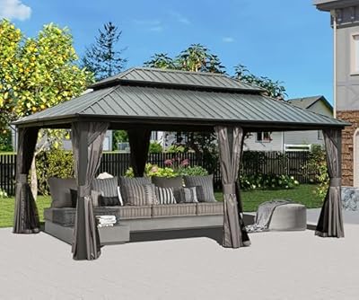 Domi 12'x18' Hardtop Gazebo, Outdoor Metal Gazebo with Galvanized Steel Double Roof, Curtains & Netting, Permanent Pavilion for Patio, Backyard, Party, Outdoor Dining, Gray