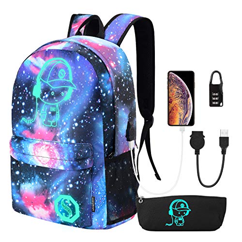 Galaxy Backpack for School, Anime Luminous Backpack with USB Charging Port and Lock & Pencil Case, Lightweight Travel Anti-Theft Laptop Backpack for Boys/Girls