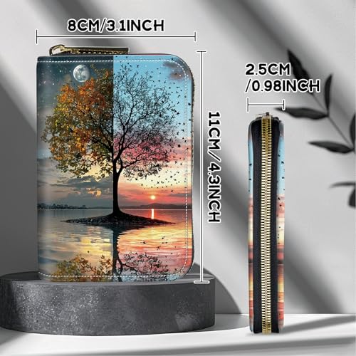 Image of Cute Credit Card Holder with Zipper, Day and Night Art Tree RFID-Blocking Card Case Small Wallet for Women Men, Multi-slot Card Organizer Case Travel Accordion Wallet