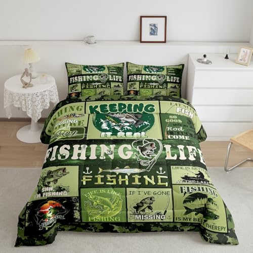 Image of Feelyou Kids Bass Fish Duvet Insert Full Size, Grenn Big Pike Comforter Set Boys Girls Hunting and Fishing Bedding Set Fisherman Teens Bedroom Decor Microfiber Bed Set