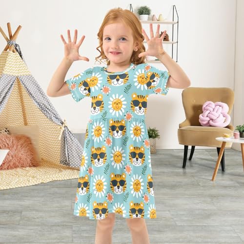 Summer Girl Dresses Cute Tiger Face 2 Toddler Short Sleeve A-line Dress Casual Sundress4