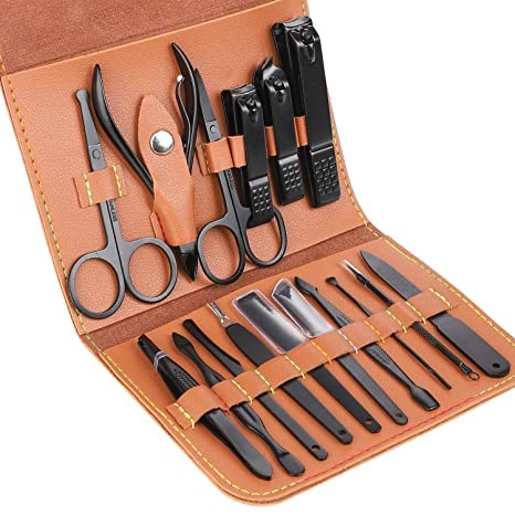 Manicure Set Nail Clippers Kit Manicure Pedicure Gift Set, ValueTalks 16PCS Professional Stainless Steel Pedicure Care Tools Women Travel Grooming Kit with Portable PU Leather Case-Brown