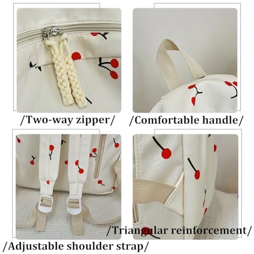 3Pcs Set Cherry Backpack for Girls, Pink Cherry Backpacks, Large Capacity Nylon Cute Daypack (White)3