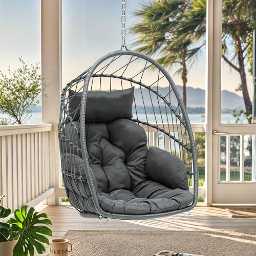 YITAHOME Hanging Egg Chair, Patio Wicker Hammock Swing with Cushion, Outdoor Rattan Swing for Balcony Garden, Gray