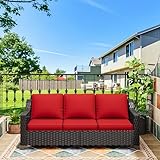 MeetLeisure 77'' Patio Sofa, All Weather Outdoor Rattan Wicker 3-Seat Sofa High Back Couch with Premium Cushions for Garden Backyard Porch(Brown/Red)