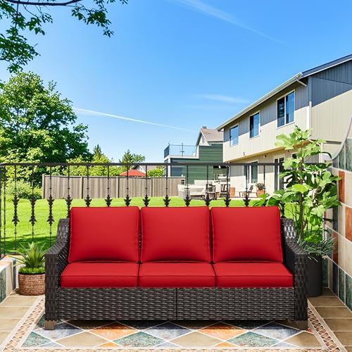 MeetLeisure 77'' Patio Sofa, All Weather Outdoor Rattan Wicker 3-Seat Sofa High Back Couch with Premium Cushions for Garden Backyard Porch(Brown/Red)