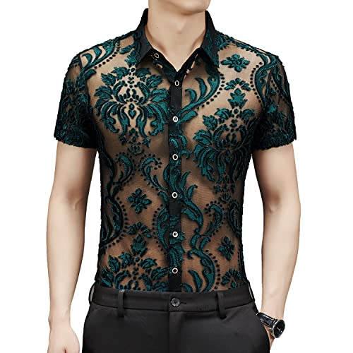 Men Women See Through Shirts Sexy Short Sleeve Night Club Fishnet Lace Shirt