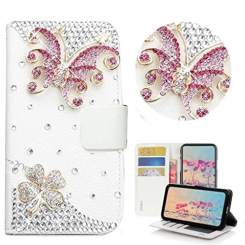 STENES Bling Wallet Phone Case Compatible with Umidigi A11 Case - Stylish - 3D Handmade Butterfly Clover Design Magnetic Wallet Stand Girls Women Leather Cover - Hot Pink