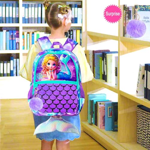 Image of 3Pcs Mermaid Backpack for Girls, 16 inch Sequins Kids Bookbag with Lunch Box, School Backpacks Set for Elementary Preschool Kindergarten(Purple)