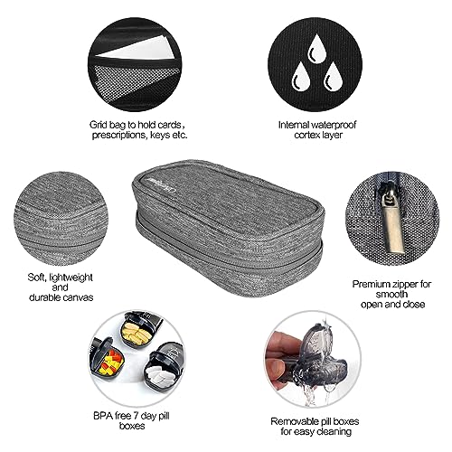 Serfeymi Weekly Travel Pill Organizer 2 Times A Day AM PM Upgraded Black Pill Box 7 Day with Portable Zipper Canvas Pill Case, Medicine Organizer for Pills, Vitamins, Supplements, Fish Oils - Grey 01 - Image 4