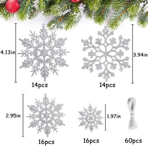 Image of Glitter Christmas Silver Plastic Snowflake Ornaments for Winter Holiday | 60pcs, 4 sizes. Perfect for Christmas tree, birthday party, wedding decor, crafts