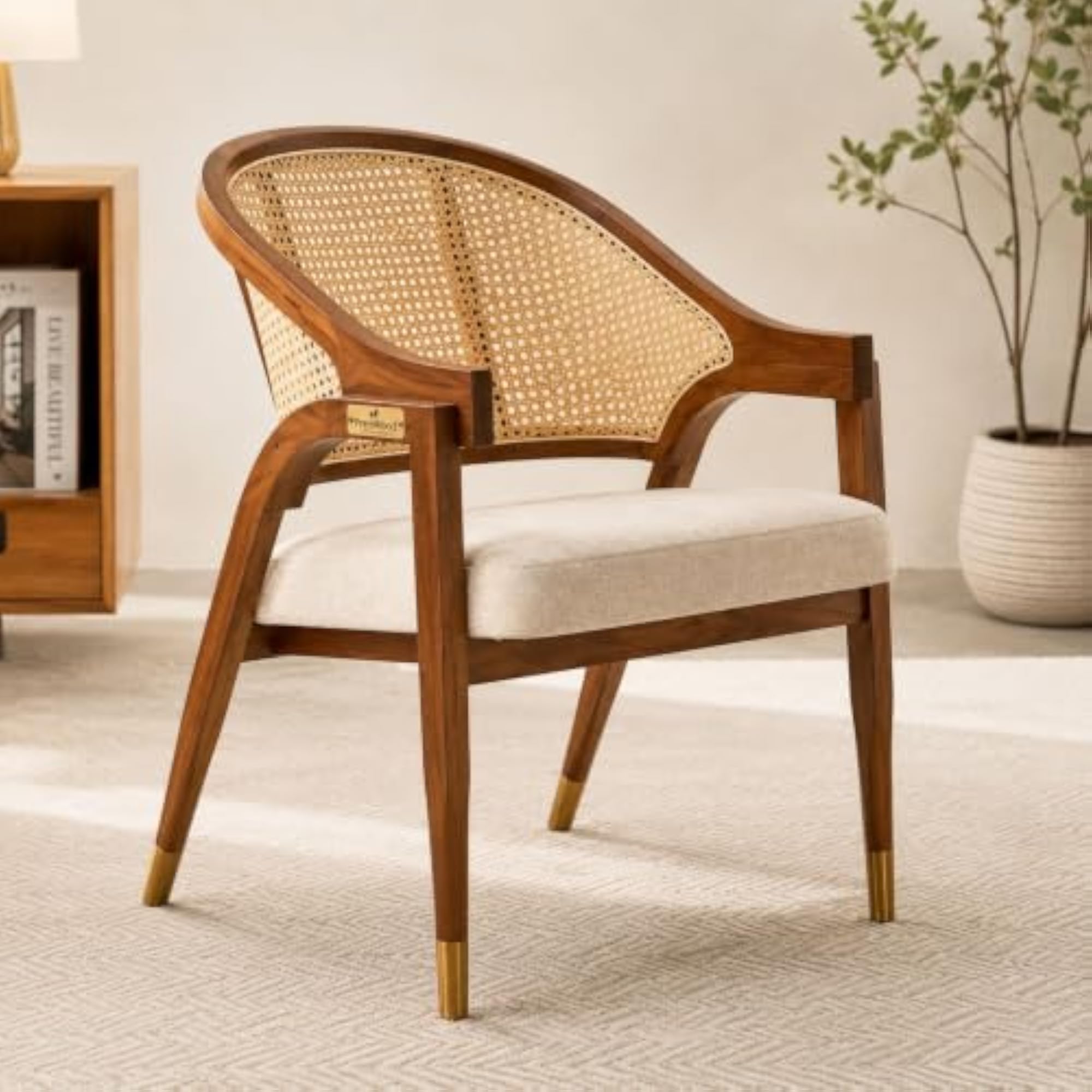 PremWood Solid Sheesham Rattan Arm Chair, Handcrafted Cane Accent Seating