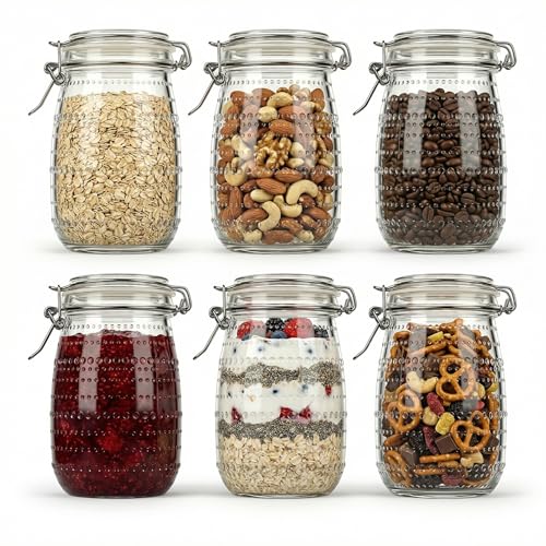 Image of 32 OZ Glass Mason Jars with Airtight Clip-Top Lids 6 Pack, Wide Mouth Reusable Glass Storage Jars for Kitchen Pantry, Pickling, Jam, Coffee Beans & Meal Prep (32 oz)
