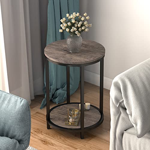 NSdirect Round Side Table,16in Rustic Wooden End Table Surface Top & Sturdy Metal Legs Nightstand for Living Room Bedroom Farmhouse Sofa Table with Storage Open Shelf,Light Walnut - Thumbnail 7