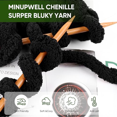 Image of 8 Packs Jumbo Chunky Chenille Yarn - 2040g(72oz) 245 Yards (224m) Bulky Yarn - Chunky Yarn for Hand Knitting Blanket,Cushions, Pet Bed - Soft and Durable(Black)