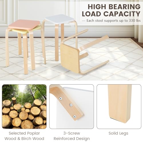Image of GLACER Stackable Stools, 18-Inch Wooden Student Chair Set of 4 w /Square Top, Anti-Slip Foot Pad, Flexible Seating for Elementary, Classroom Stools for Dining Room Office Kitchen (Assorted Color)