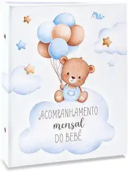 Álbum de fotos Ical, encadernação tradicional, para 80 fotos 15x21cm - linha Bebê Acompanhamento - modelo azul - urso balões - 82