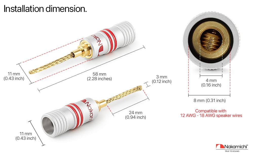 Nakamichi GrubLock Excel Series 24k pozłacane elastyczne wtyki pinowe 2 mm do przewodów 10 AWG - 18 AWG, do zacisków sprężynowych, głośników i wzmacniaczy Hi-Fi, złącze śrubowe, 16 szt. (8 par)