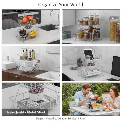 Image of Homeor Counter Top 2-TierFruit & Vegetable Basket For Dining Table, Centre Table I Metal Fruit Bowl or Bread Basket Vegetables Storage Organizer Holder, Multi-Purpose Basket for Kitchen & Home, Chrome