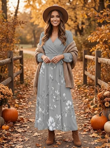 Image of PinkPatty Women's Long Sleeve Maxi Dress Plus Size Trendy Wedding Guest Wrap Dress with Pockets&Belt