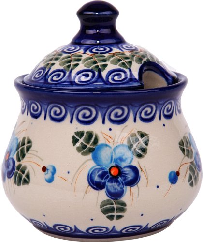 Polish Pottery Ceramika Boleslawiec, 0051/162, Sugar Bowl Iza, 1 Cup, Royal Blue Patterns With Blue Pansy Flower Motif #TOP3