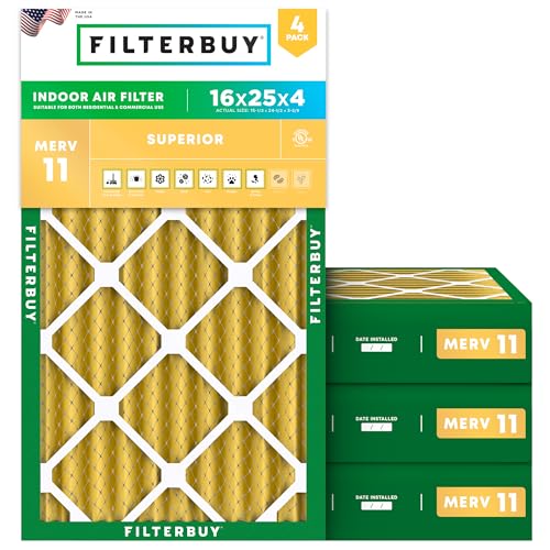 Filterbuy 16x25x4 Air Filter MERV 11 Superior Pet & Allergy Defense (4-Pack), Electrostatic Pleated HVAC AC Furnace Filters Replacement (Actual Size: 15.50 x 24.50 x 3.63)