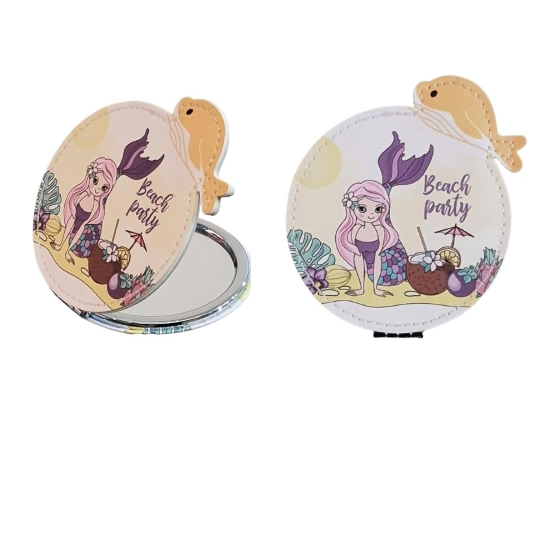 Portable Mermaid Print Design Metal and Glass Mirror with Stones, 2x1 Magnification, for Makeup-image-23