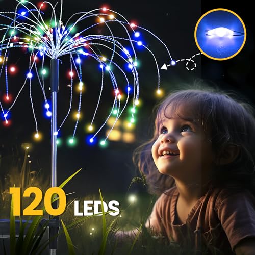 GIGALUMI Lampy solarne na zewnątrz, 120 diod LED, fajerwerki, wodoodporne, solarne światło typu starburst, dekoracyjne na balkon, taras, ogród, podwórko, ścieżkę (kolorowe)