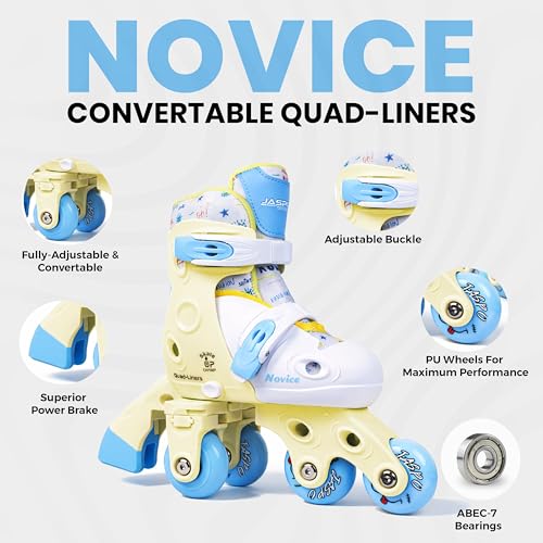 Image of Jaspo Novice 2-in-1 Kids Roller Skates Combo- Inline to Quad Convertible | Adjustable Size | PU Wheels | Fiber Body | Lightweight & Comfortable Skating Combo (Yellow) (UK Junior 9 - UK Junior 12)