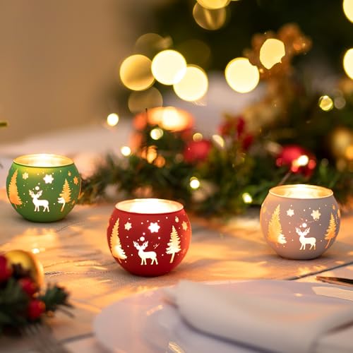 Portavelas de Navidad de Cristal Para Decoración de Navidad: Romadedi Lote de 6 Portavelas para Velas de Té Decoración de Mesa de Navidad Cristal de Navidad Para Casa Ventana Contenedor Para Velas