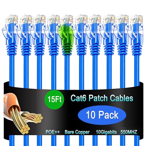 Image of Cat6 Ethernet Patch Cable 15 ft (10 Pack), Cat6 Patch Cable 26AWG Pure Copper for Data Centers, Cat 6 Patch Cable 10G, Network Patch Cables for Home and Enterprise Network -Blue