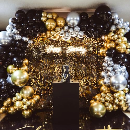 Image of PartyWoo Black Gold and White Balloons, 140 pcs Black White and Metallic Gold Balloons Different Sizes Pack of 18 Inch 12 Inch 10 Inch 5 Inch for Balloon Garland or Arch as Birthday Party Decorations