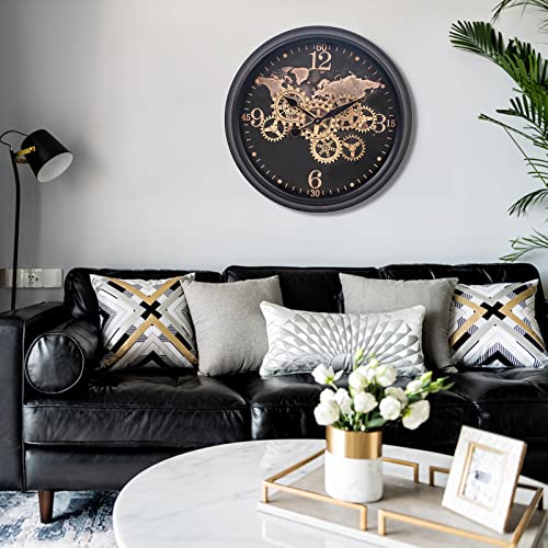 Clxeast 24 Inch Wall Clock With Moving Gears,Large Industrial World Map Black Gold Metal Wall Clock For Modern Living Room Decor, Silent Non Ticking Unique For Office,Farmhouse #TOP6