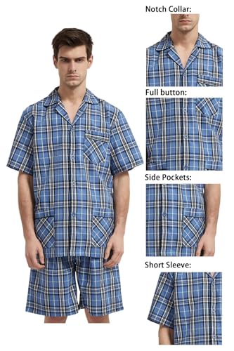 GLOBAL Men Short Pajama Set 100% Cotton, Summer Pajama for men Soft Classic Plaid Loungewear3