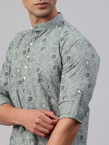 Image of Majestic Man Men's Pure Cotton Printed Mandarin Collar Regular Fit Roll-Up Sleeves Short Kurta