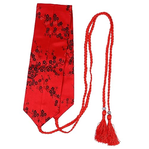 Hemoton Ethnic Style Women Waist Belt Japanese Kimono Obi with Embroidered Flower Pattern Braided Tassel Waistband for Traditional Kimono and Vintage Dress Accessories - Main Image