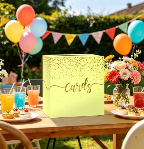 Image of Yellow Wedding Card Box with Gold Foil Yellow Gift Card Holder Box for Party Wedding Reception Graduation Birthday Baby Shower Retirement Cardboard Envelope Raffle Box with Slot