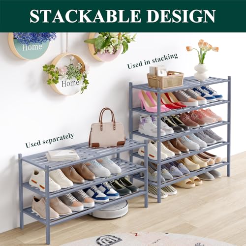 Image of Smiry Bamboo Shoe Rack, 5 Horizontal Slats, 4 Tier - 33.9 inch Wide, Grey