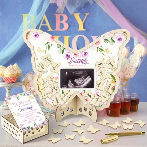 Image of Wenqik 63 Pcs Butterfly Baby Shower Guest Book Alternatives Set Baby Shower Decorations with Photo Frame Sonogram Frame Keepsake 60 Wood Slices Guest Book for Birthday